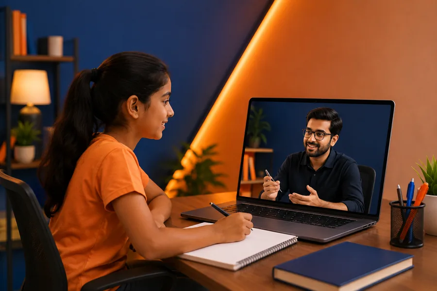 A student in a live one-to-one class with a coach on screen