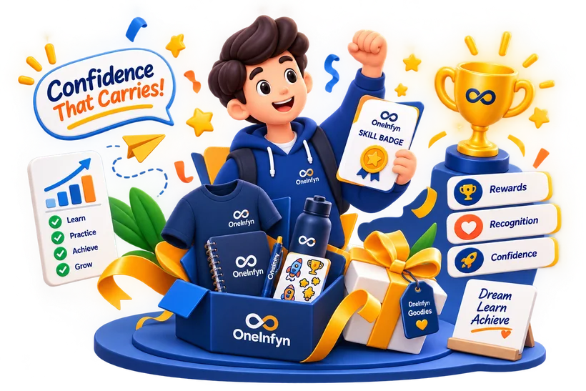 A student with rewards earned along the way